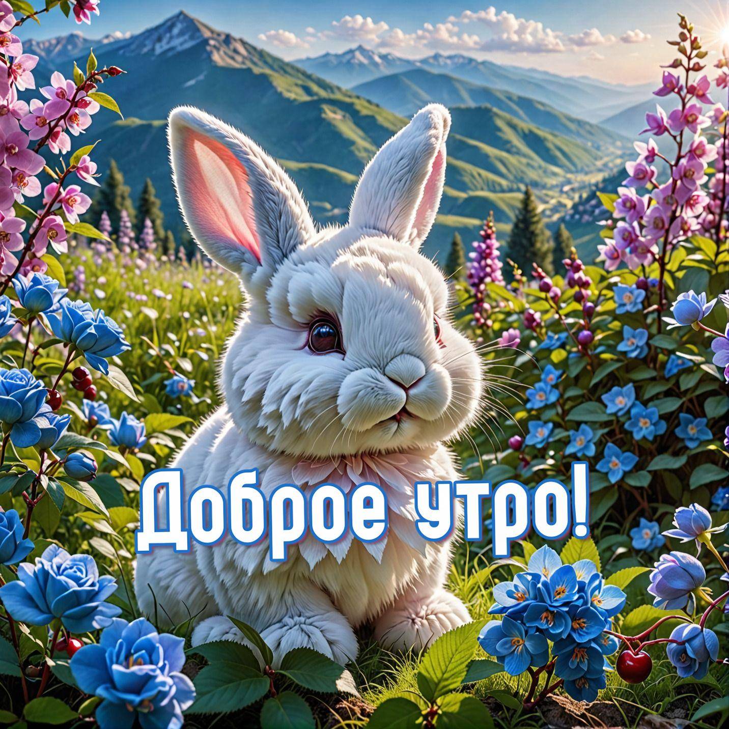 Утро, белый кролик с большими ушами среди цветов в горах