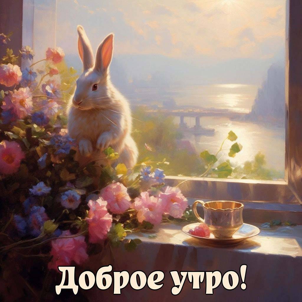 Утро, белый кролик среди цветов, окно, река, мост