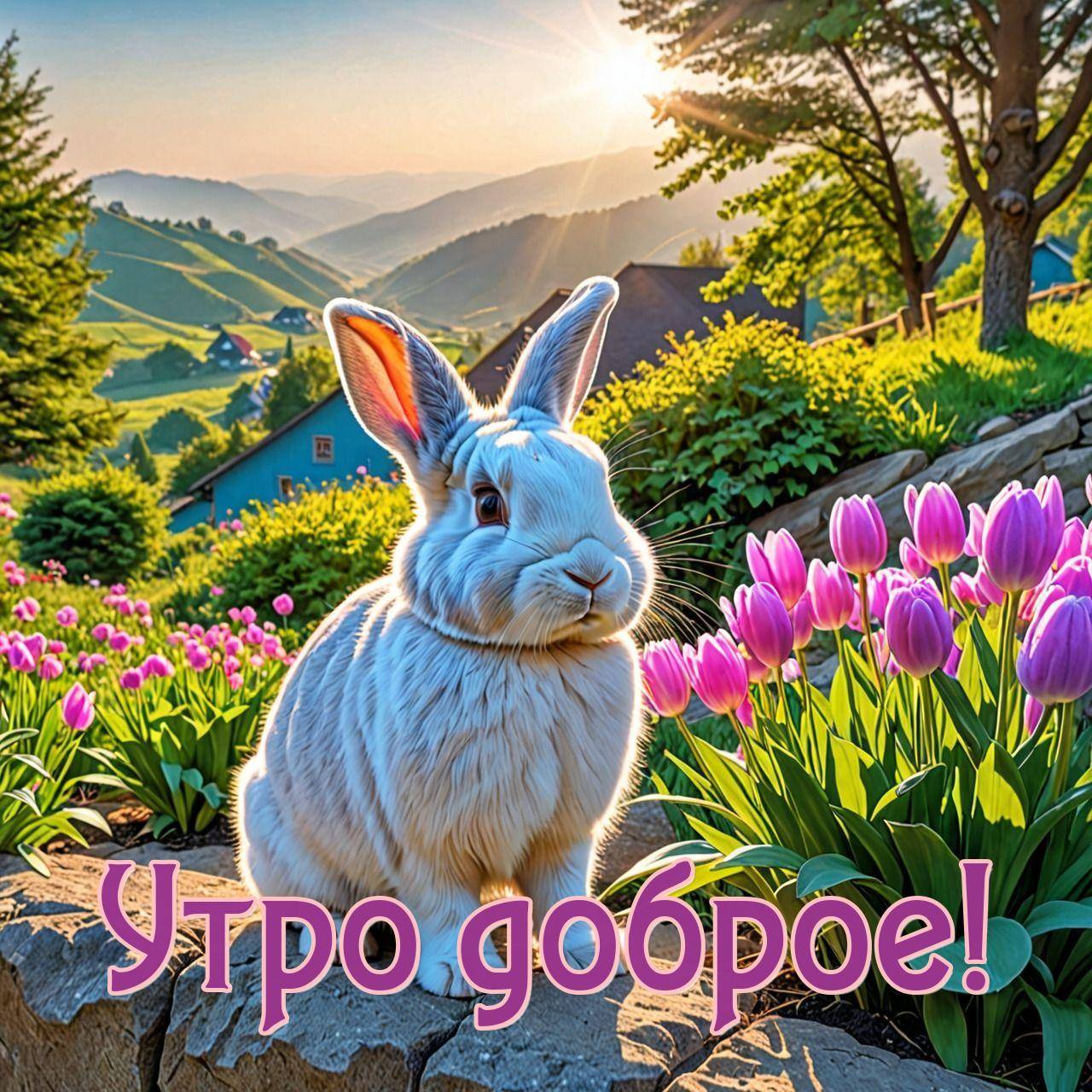 Утро, белый кролик среди тюльпанов на фоне холмов