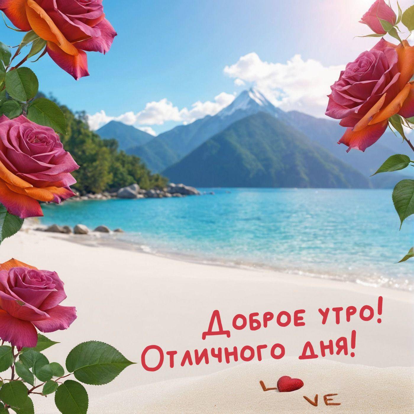Утро, белый песчаный пляж, бирюзовая вода и текст LOVE