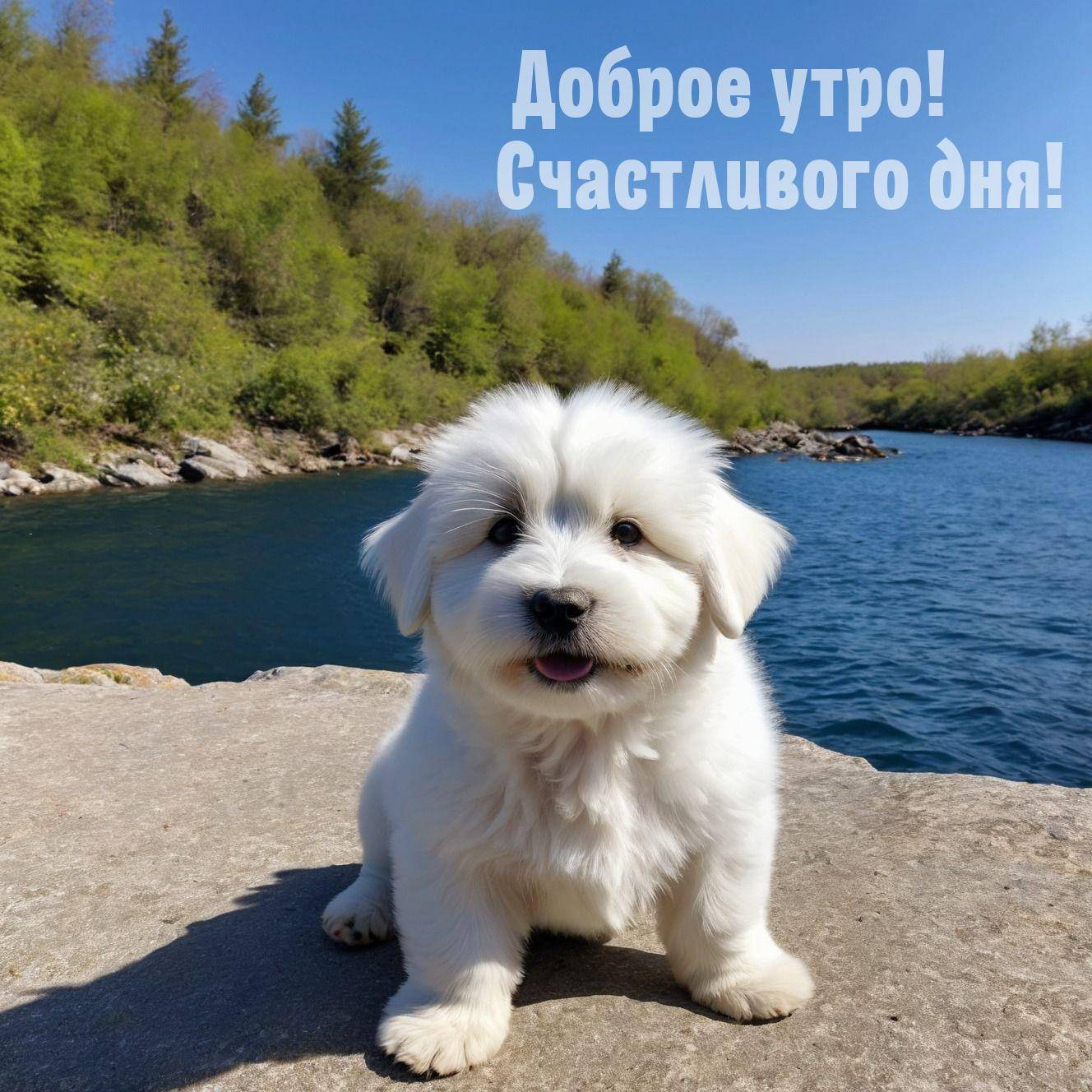 Утро, белый пушистый щенок на фоне реки и неба
