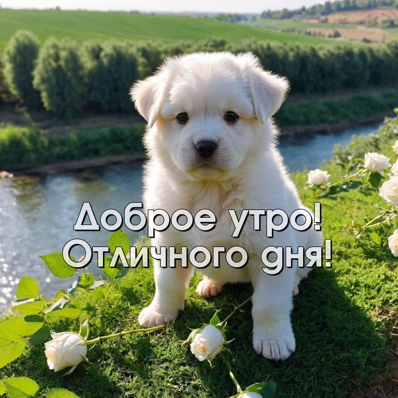 Утро, белый щенок сидит на траве рядом с розами.