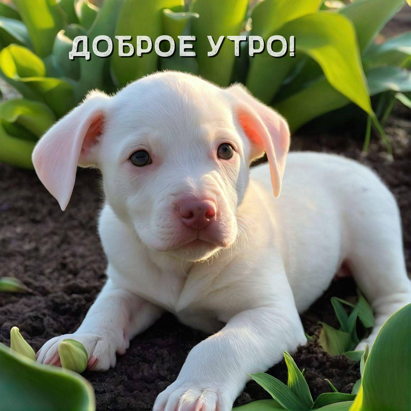 Утро, белый щенок среди зелёной листвы