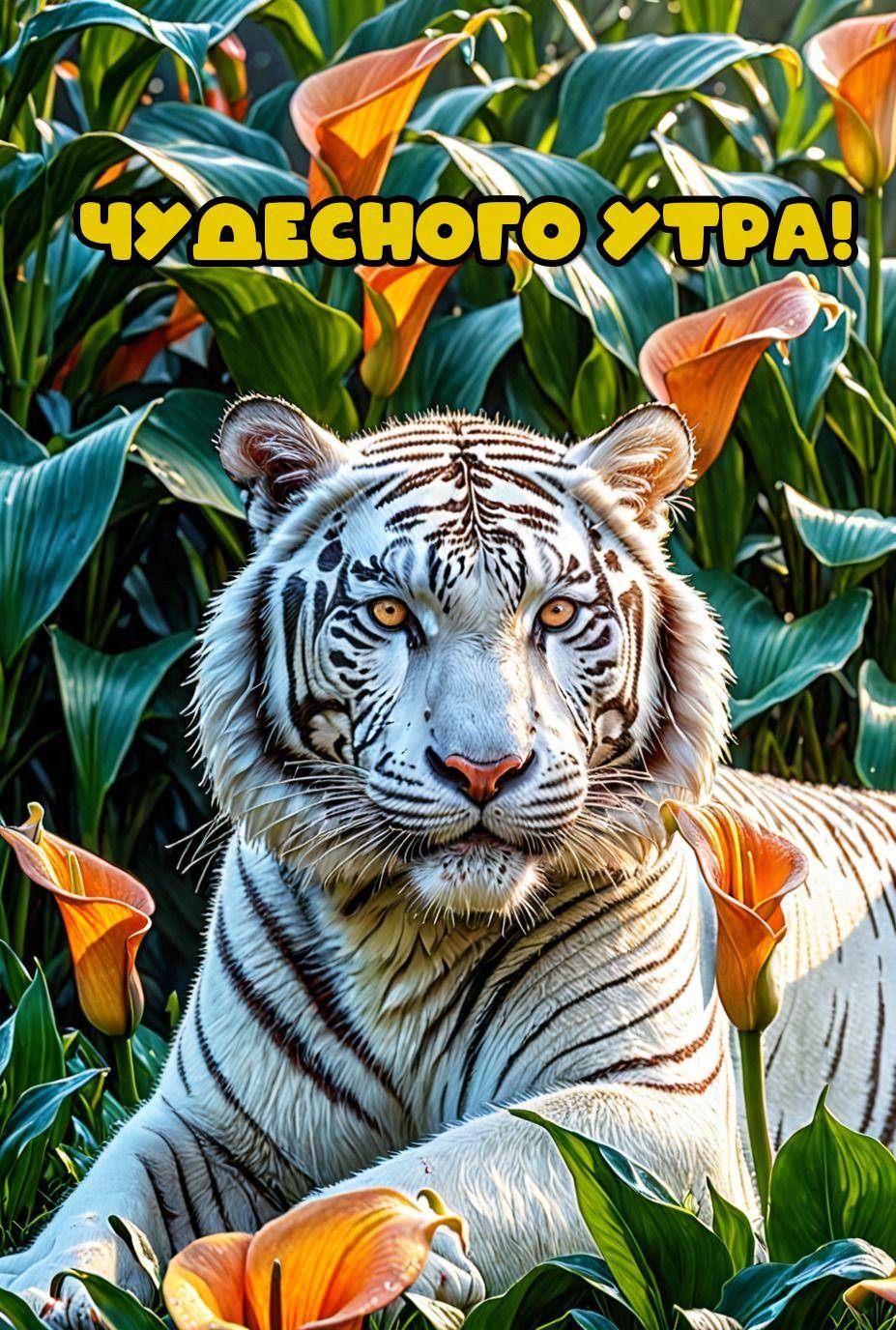 Утро, белый тигр среди оранжевых калл и зелени