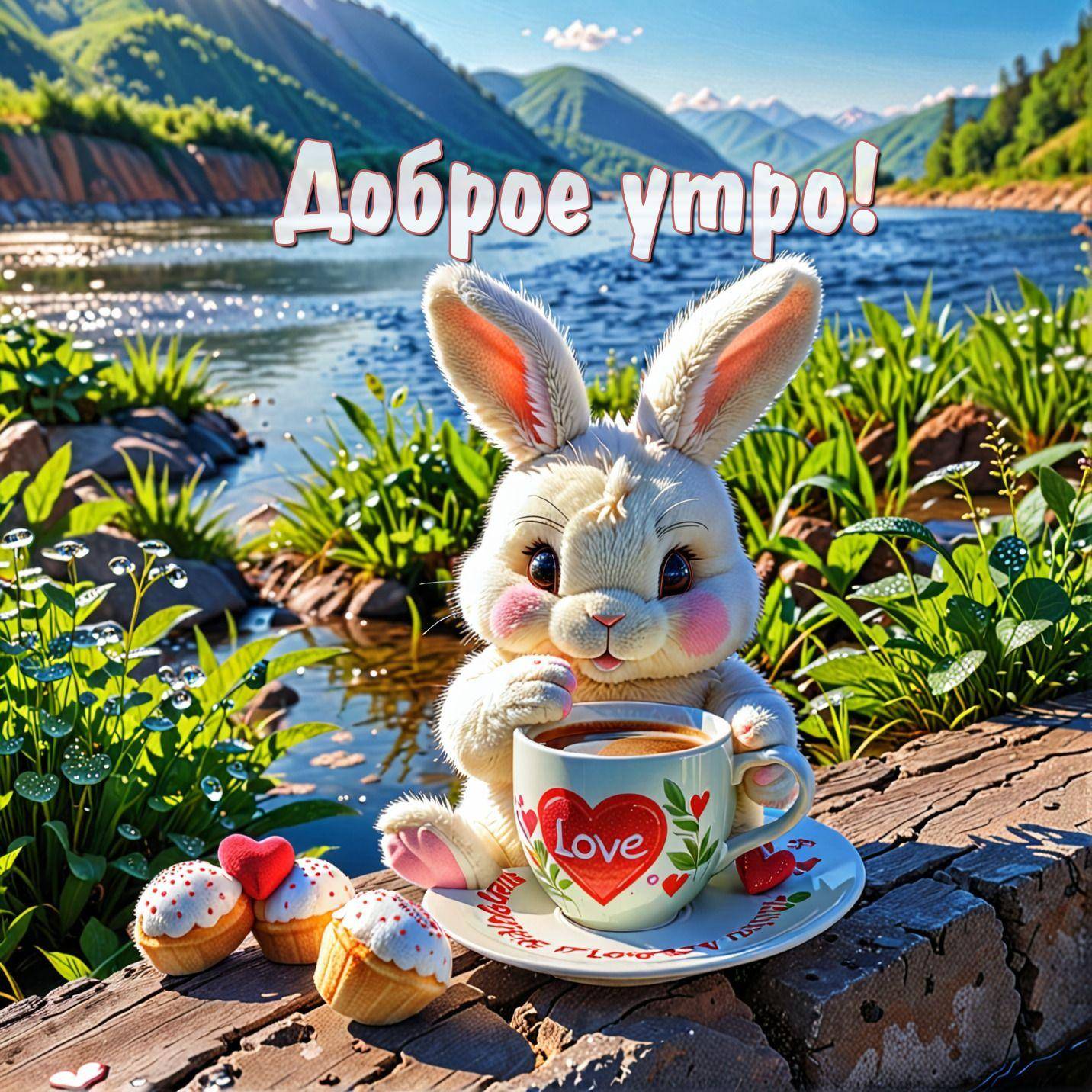 Утро, белый зайчик с кружкой LOVE у речки