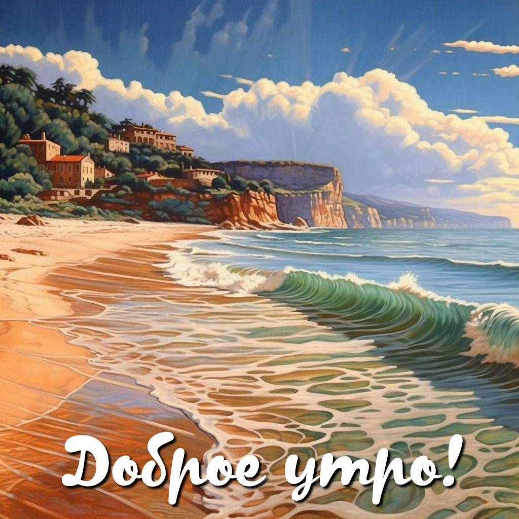 Утро, берег моря с волнами и скалистыми утёсами