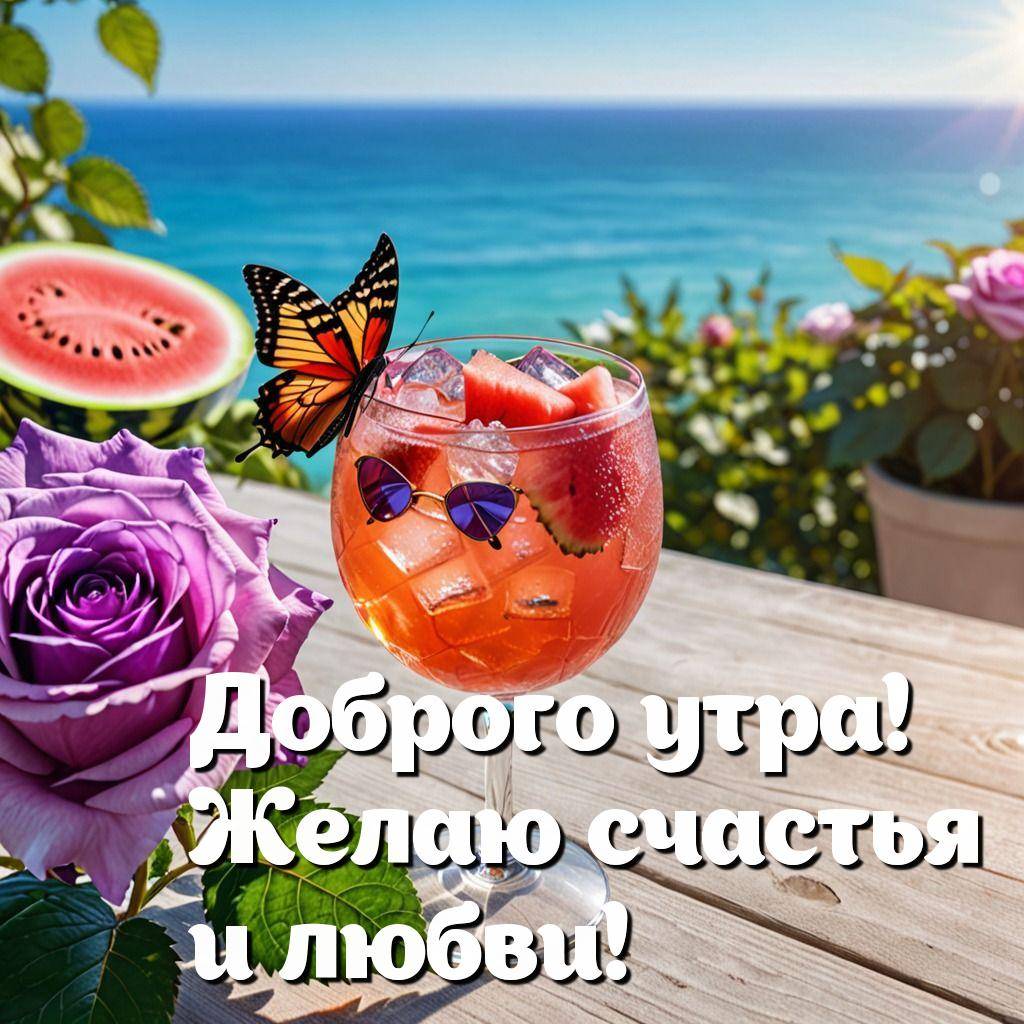 Утро, бокал с напитком, бабочка, роза и вид на море