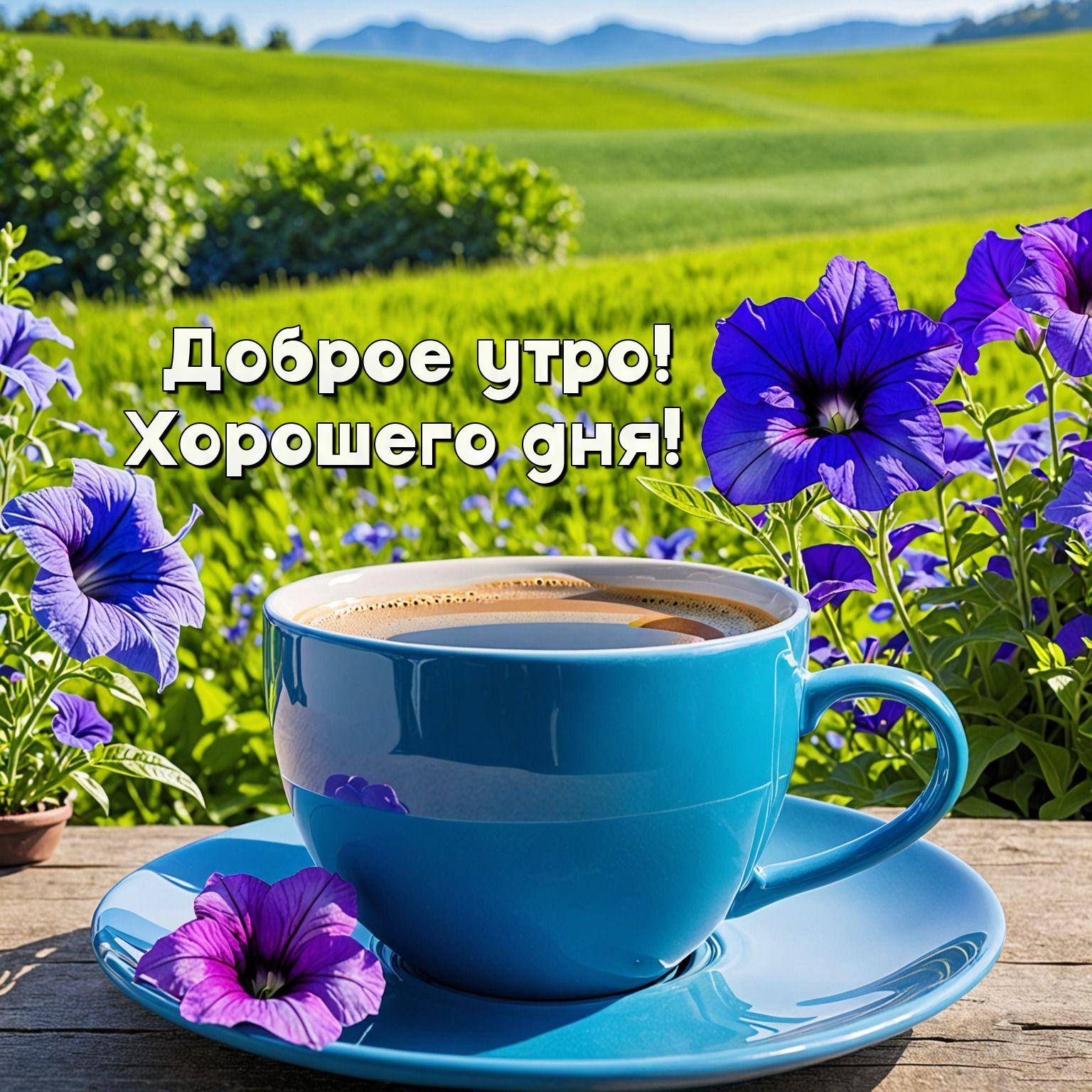Утро, большая голубая кружка с кофе, цветы, поле и горы.