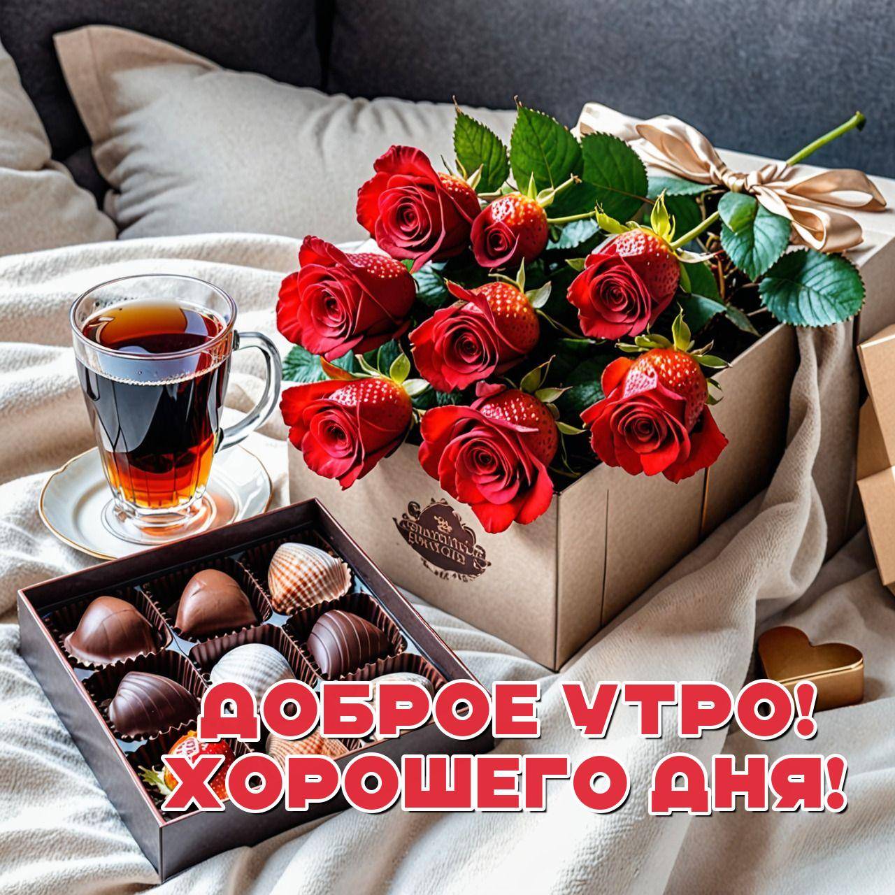 Утро, букет красных роз в коробке и чай