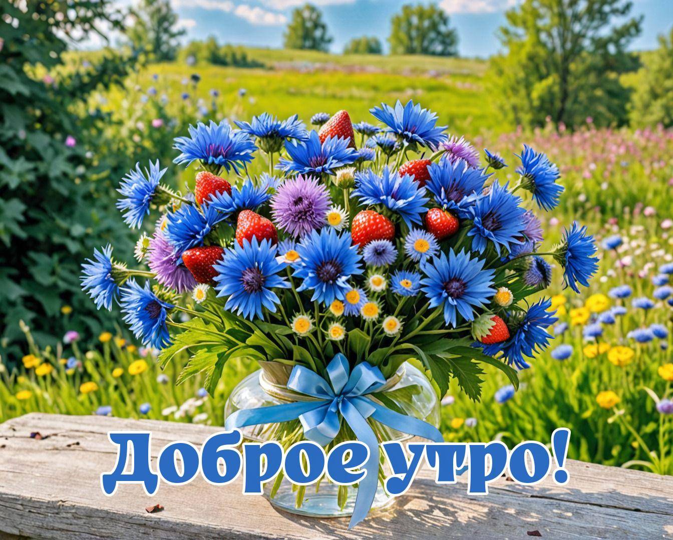 Утро, букет полевых цветов в вазе с клубникой