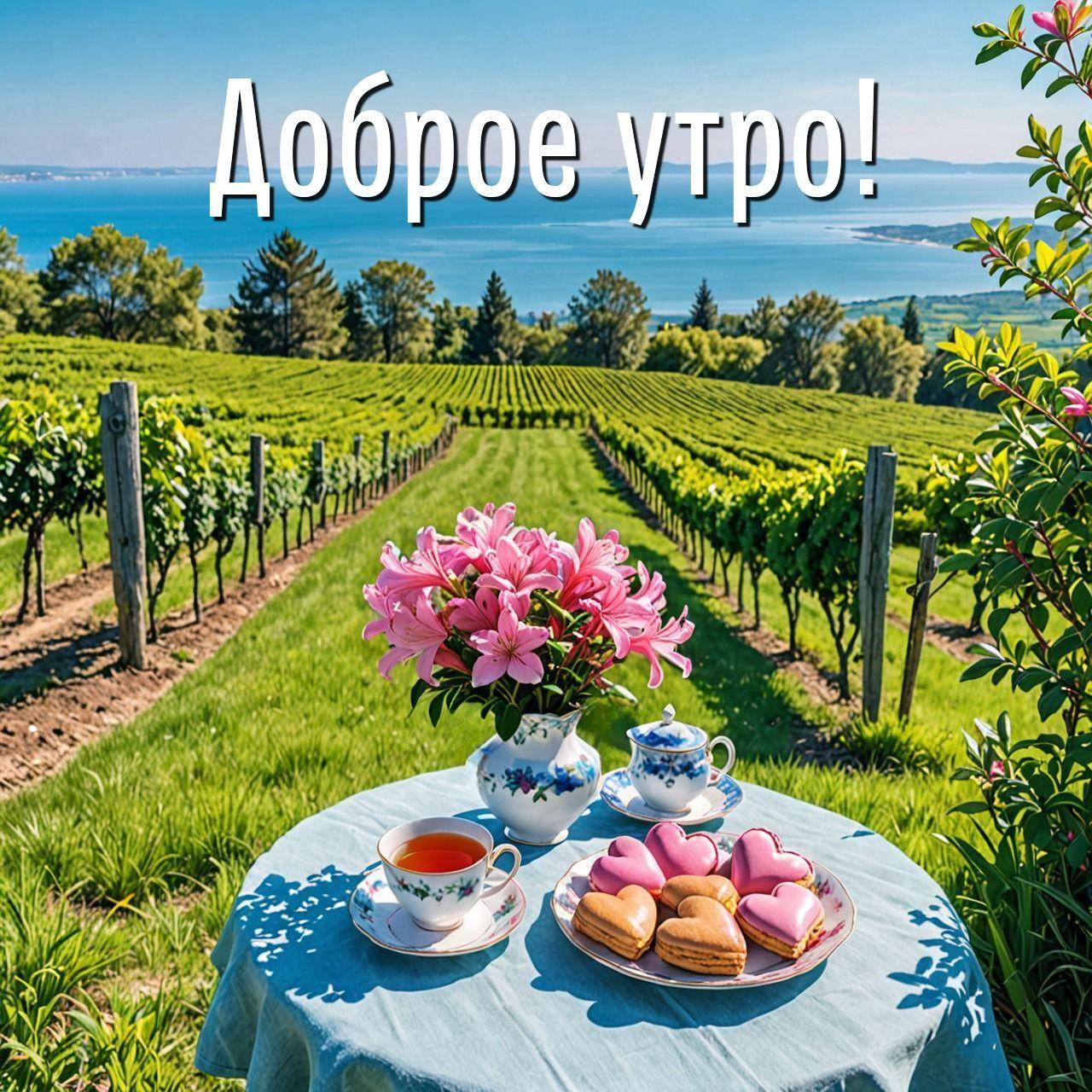 Утро, букет роз, чай, печенье и виноградник