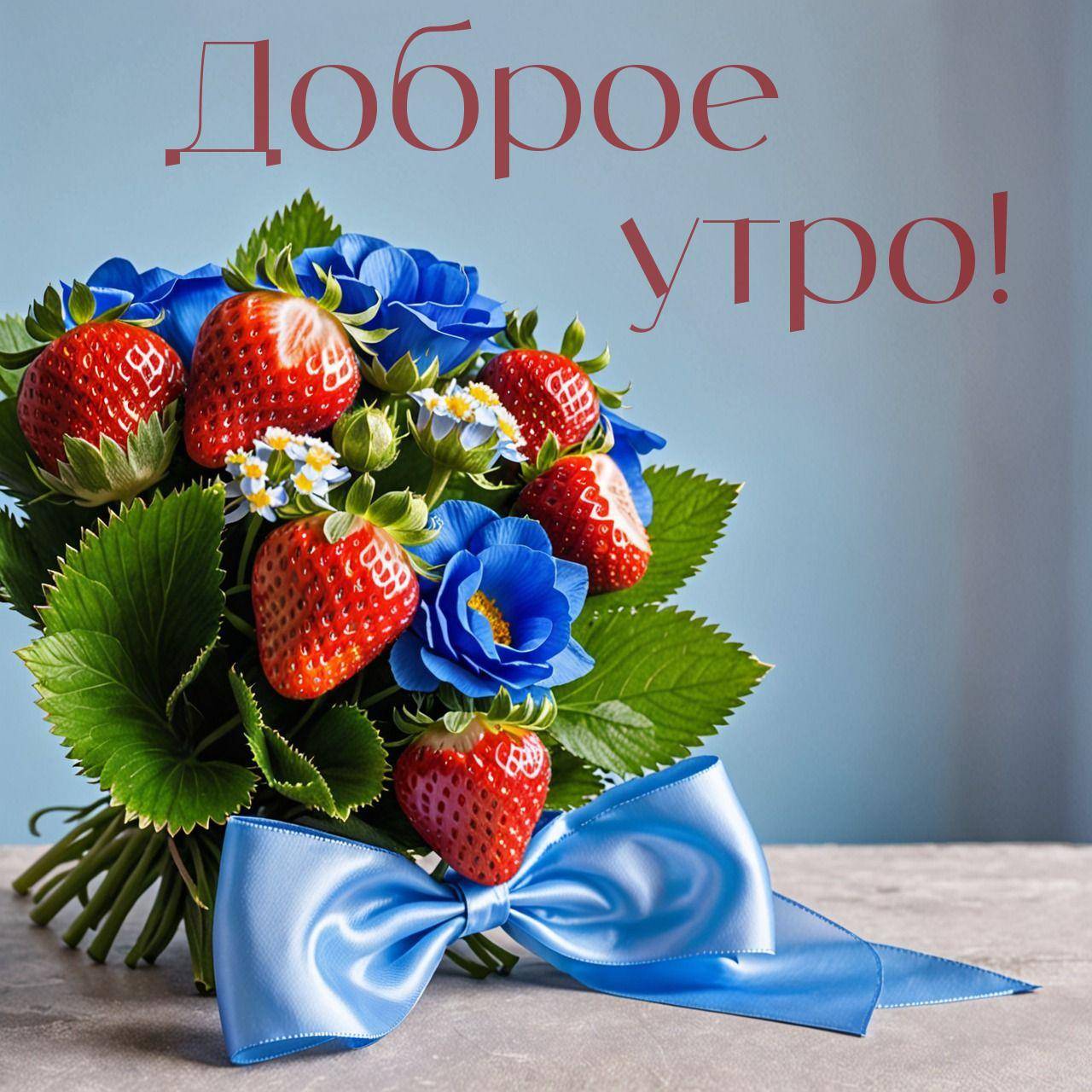 Утро, букет с клубникой и розами