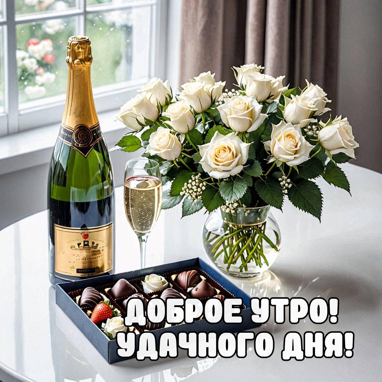 Утро, бутылка шампанского, бокал, ваза с белыми розами на стеклянном столе