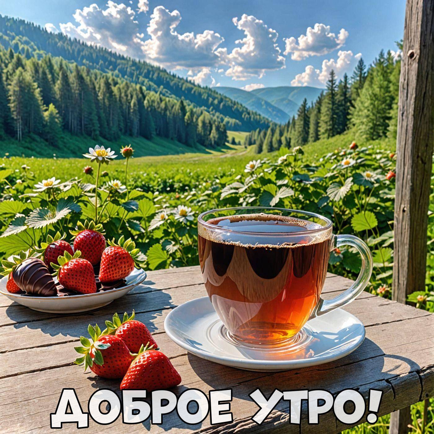 Утро, чай и клубника на деревянном столе перед летним пейзажем