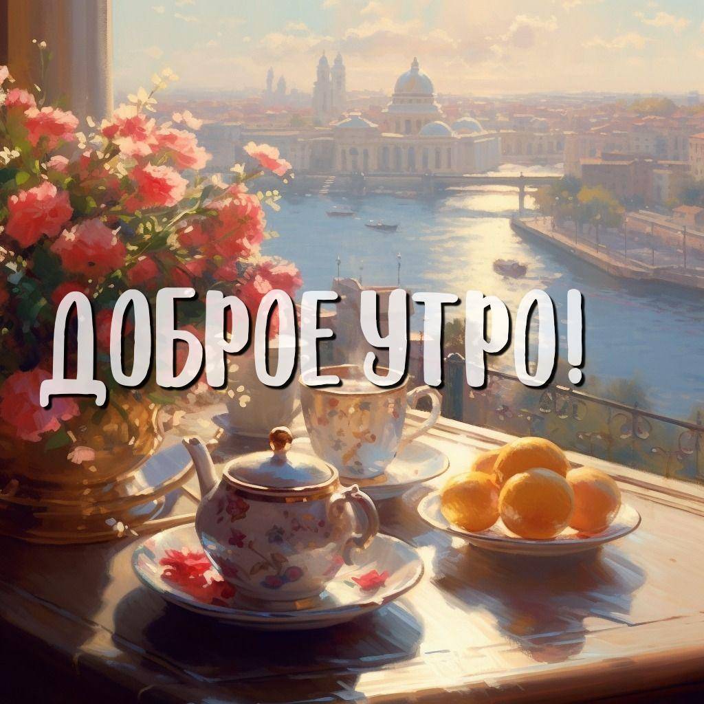 Утро, чайный сервиз на столе с видом на реку