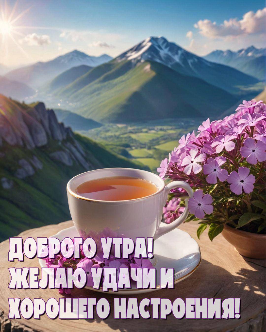 Утро, чашка чая и цветы на фоне гор