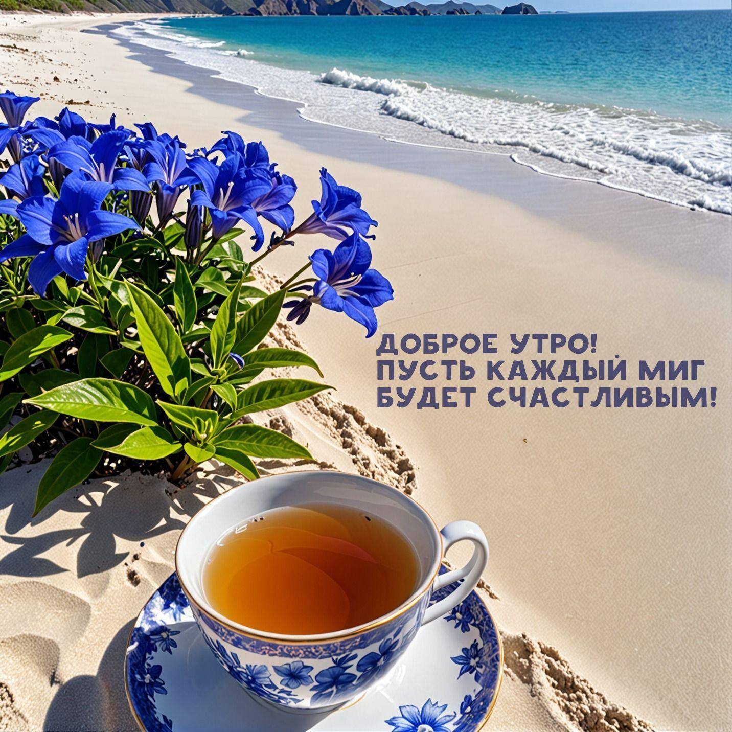 Утро, чашка чая и цветы на пляже