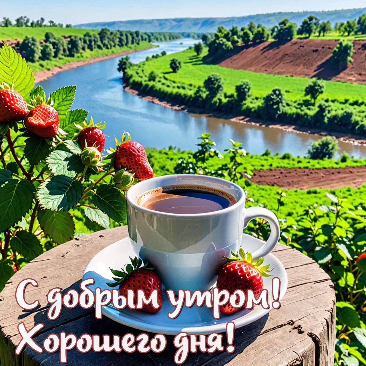 Утро, чашка чая или кофе на блюдце с клубникой