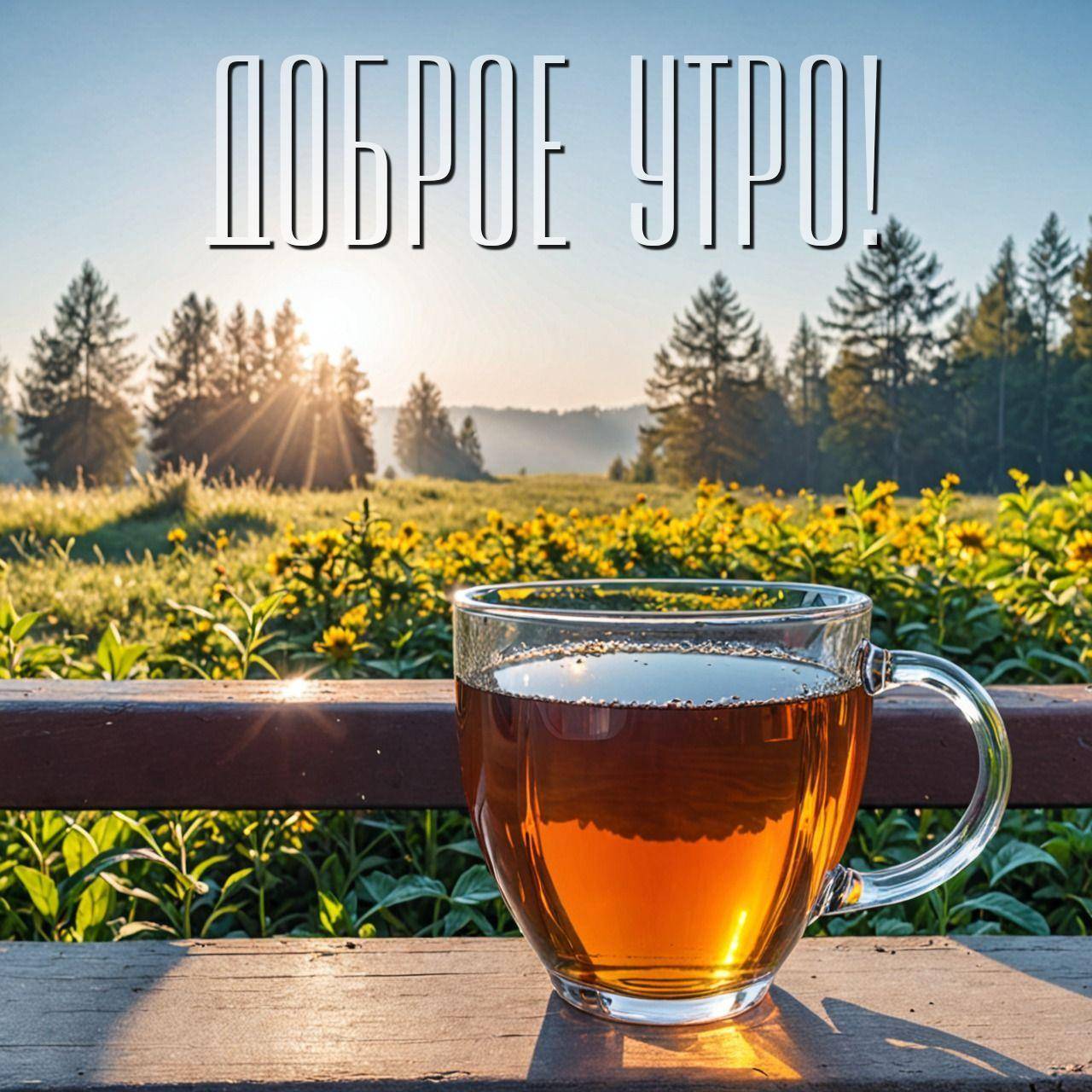 Утро, чашка чая на фоне природы с зелёным полем и цветами
