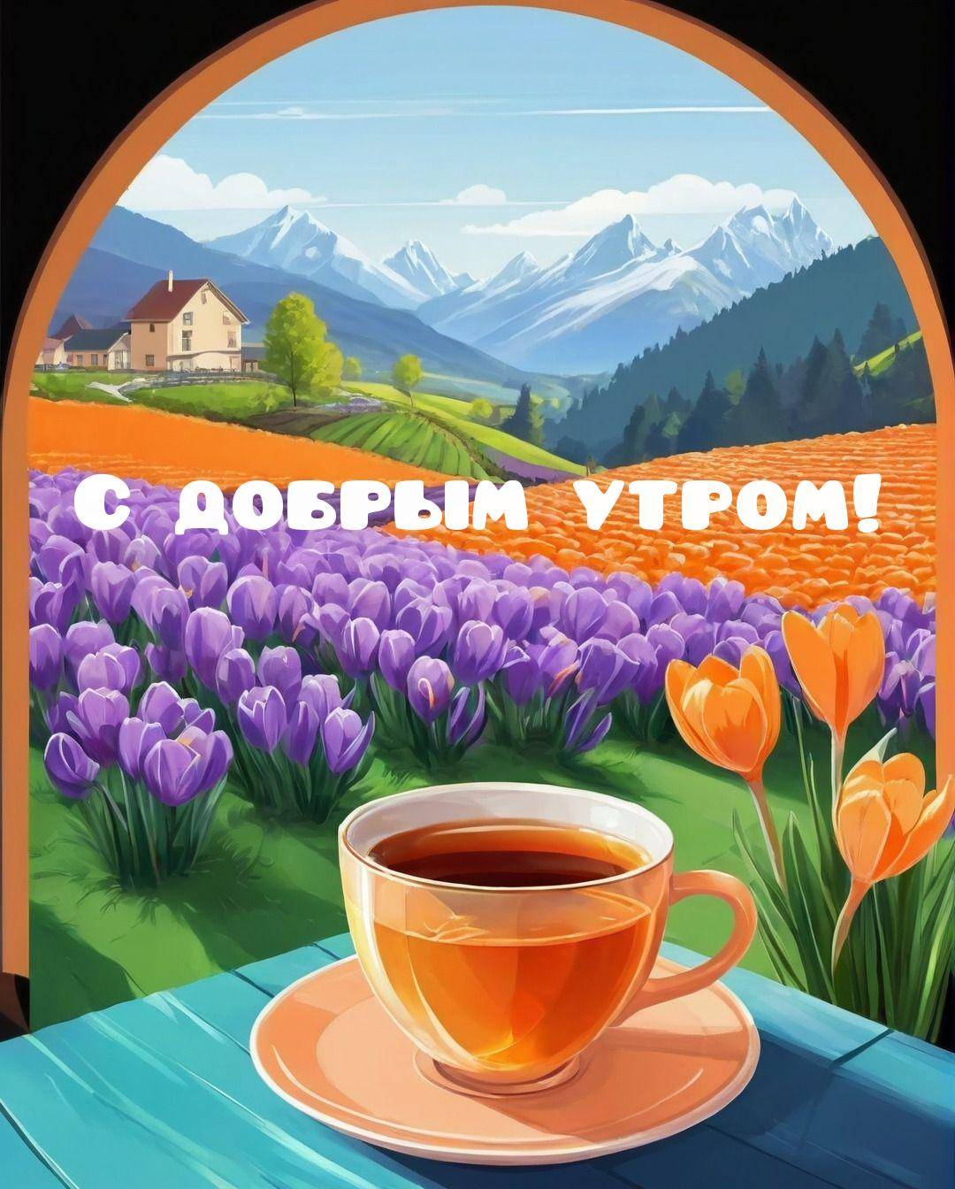 Утро, чашка чая на фоне цветущего поля