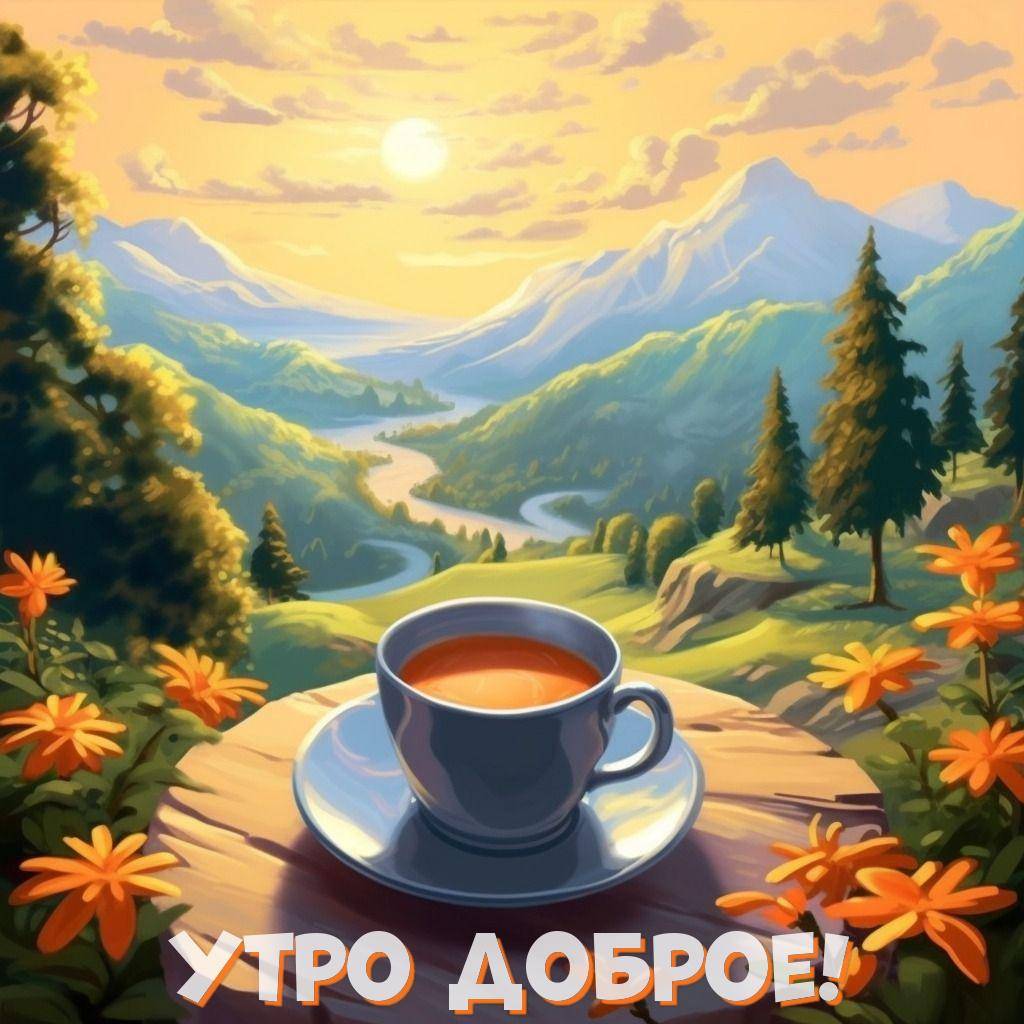 Утро, чашка чая на фоне заката и зелёных холмов