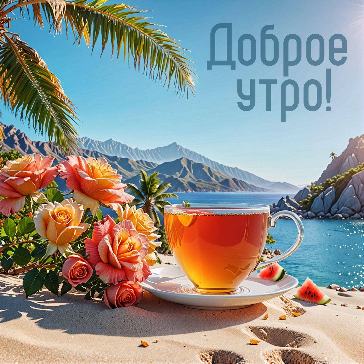 Утро, чашка чая на пляже с цветами и арбузом на фоне моря и гор