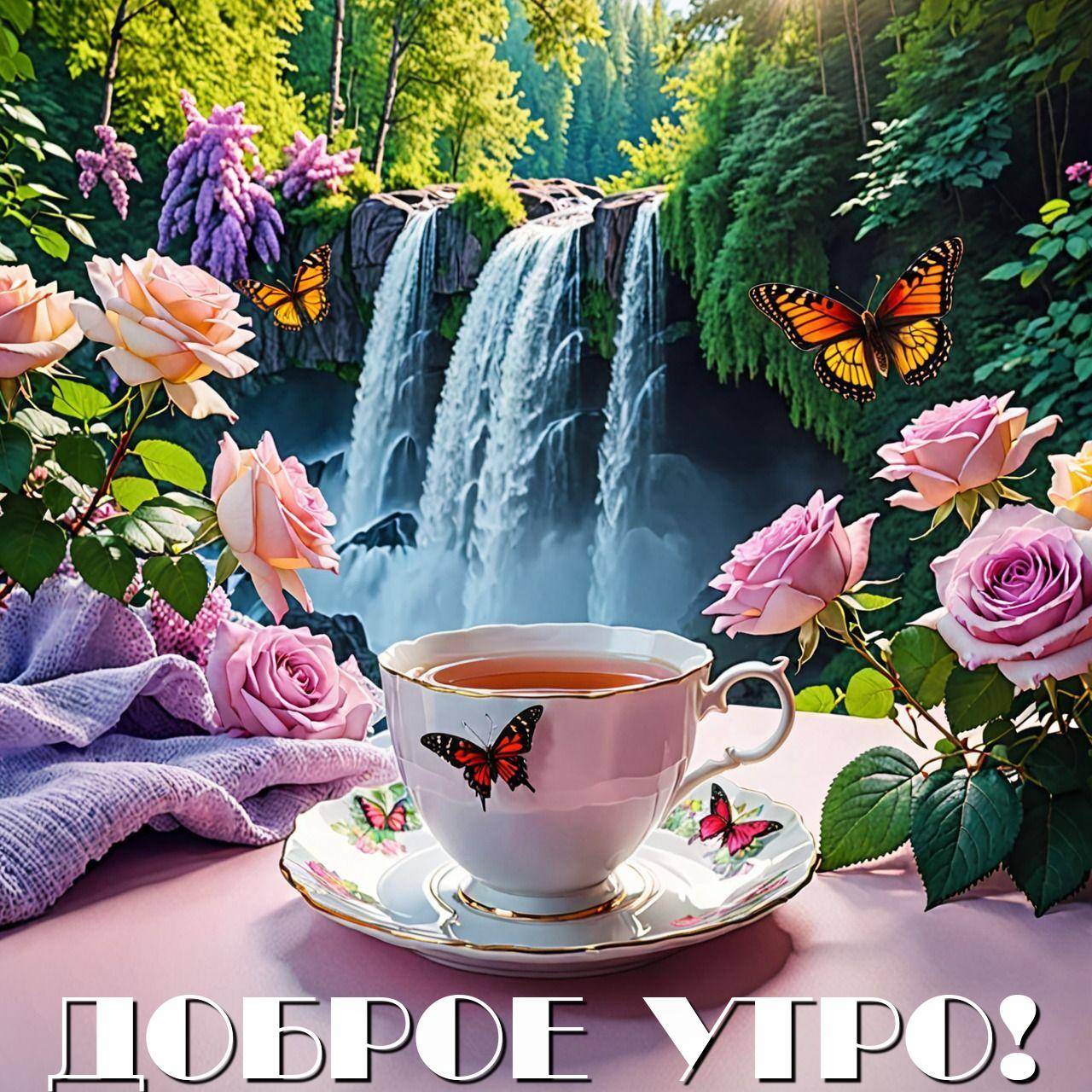Утро, чашка чая с бабочками и розами