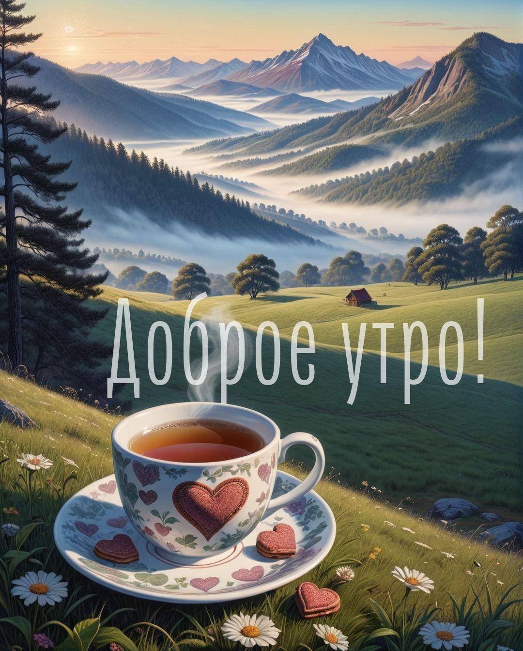 Утро, чашка чая с сердечками и печеньем, ромашки на переднем плане