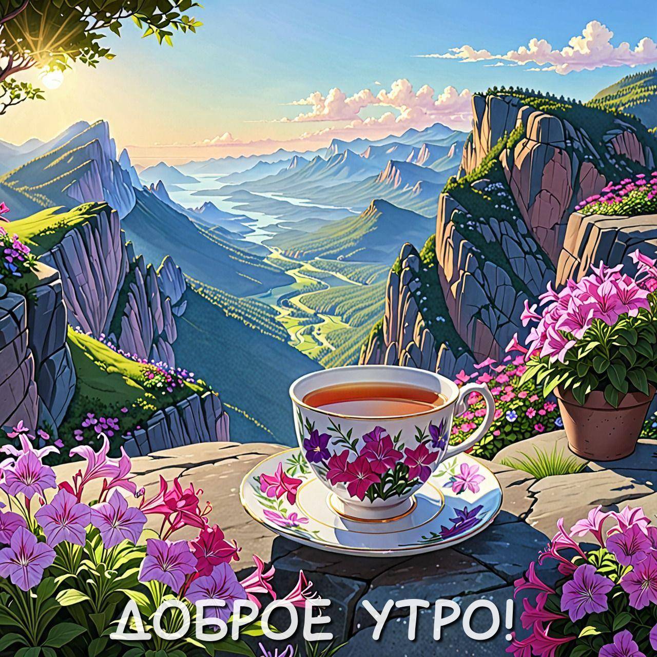 Утро, чашка чая с цветами и горы