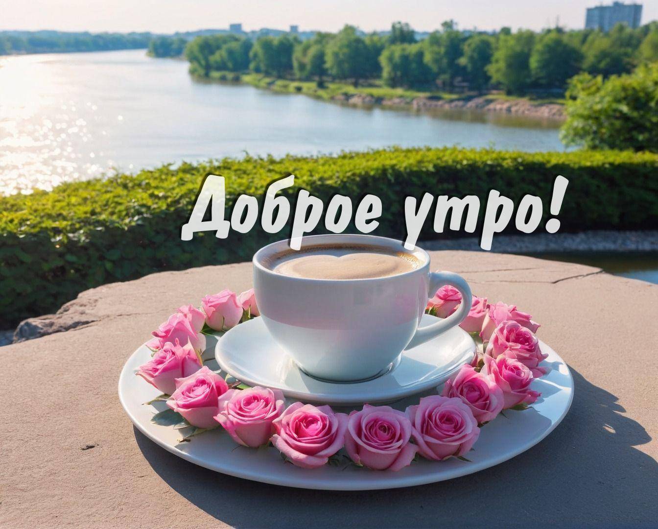 Утро, чашка кофе и блюдце с розами