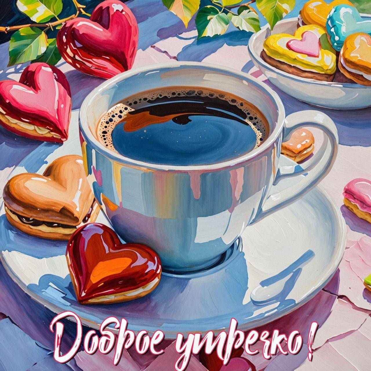 Утро, чашка кофе и сердечки пирожные