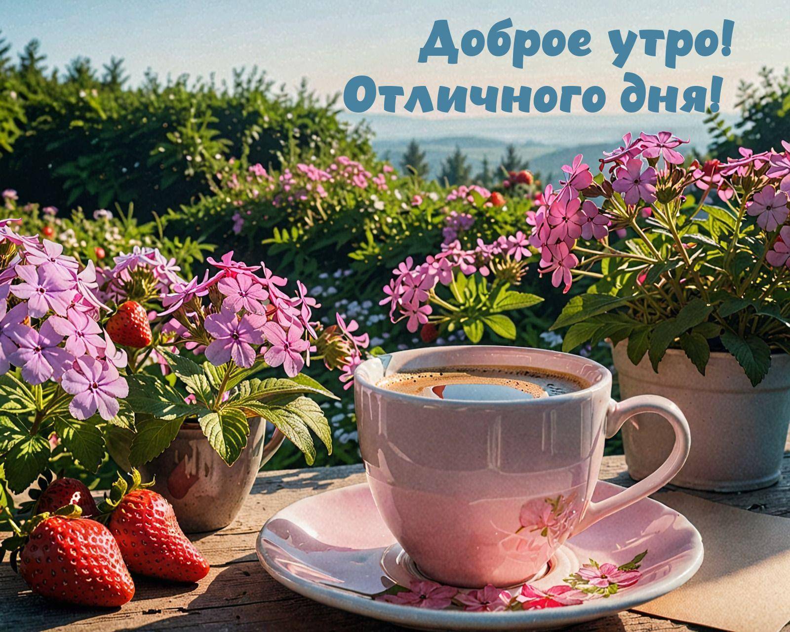 Утро, чашка кофе на блюдце среди клубники и цветов