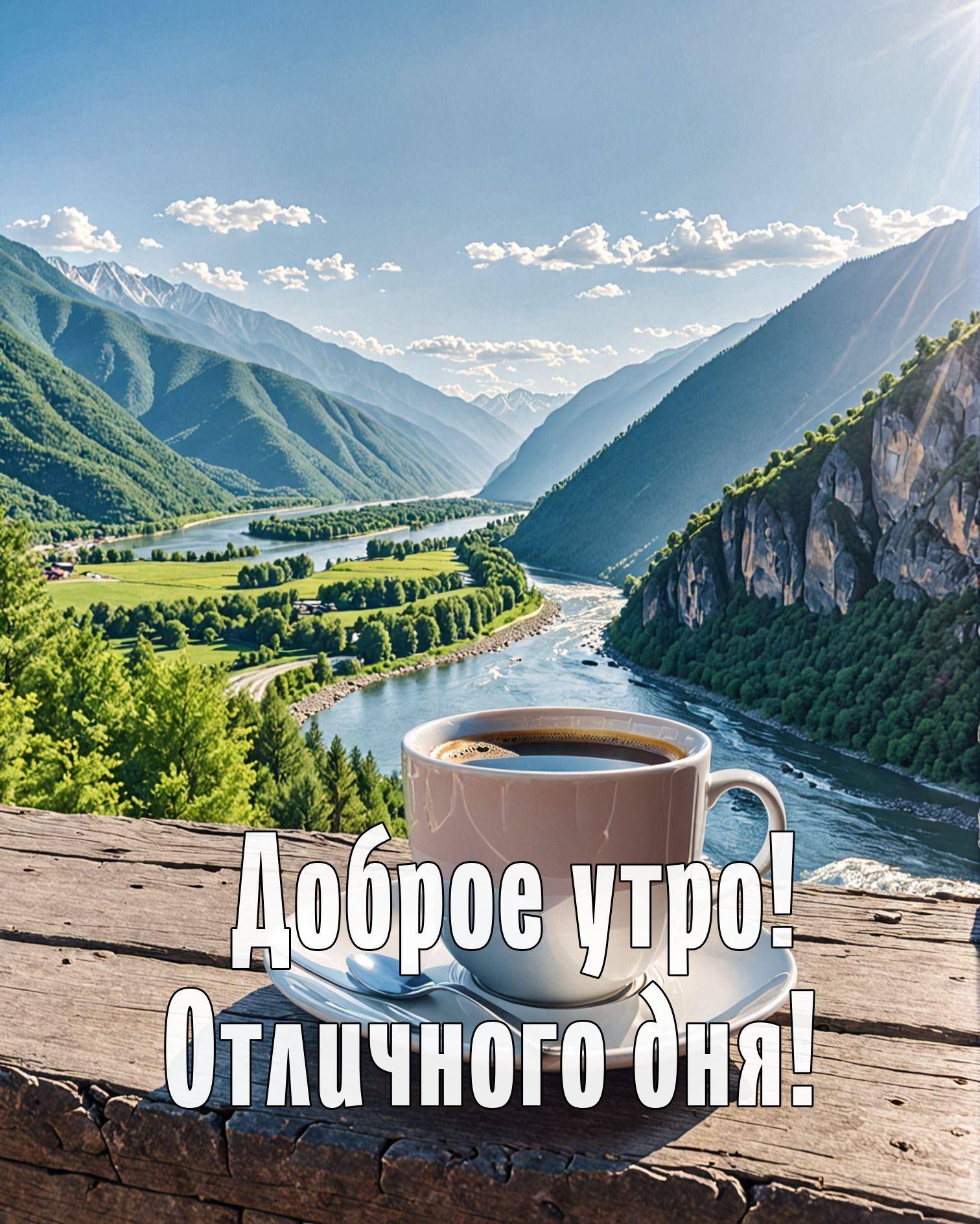 Утро, чашка кофе на фоне лесистых холмов