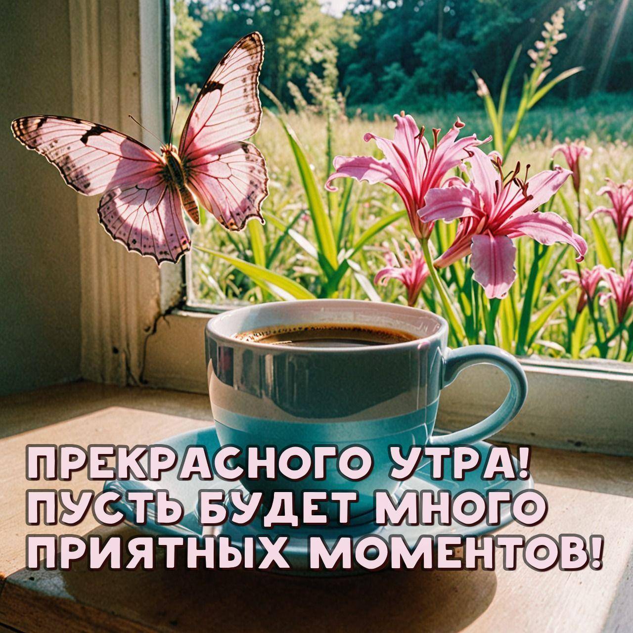Утро, чашка кофе на подоконнике, вид на поле с цветами
