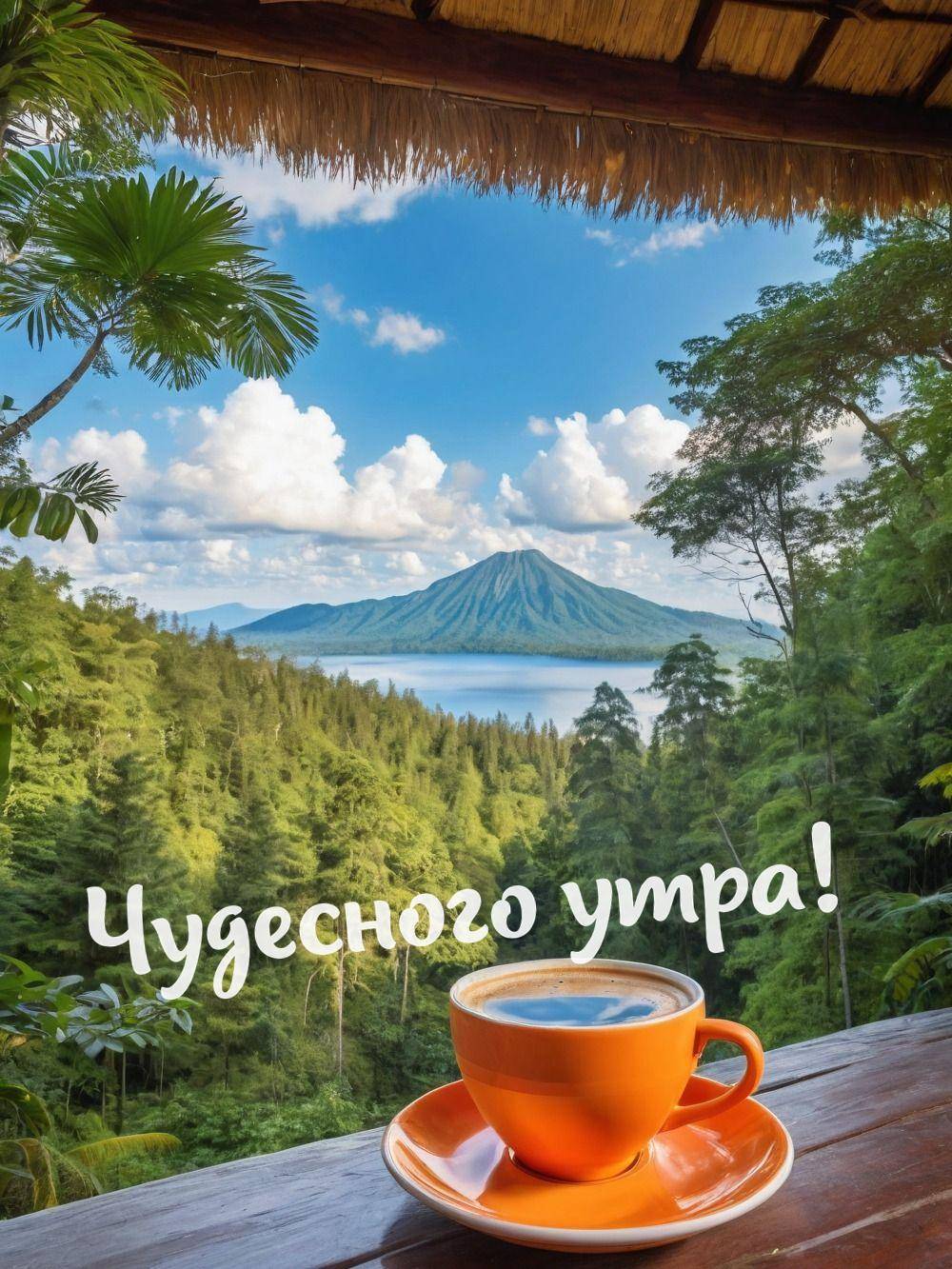 Утро, чашка кофе на столе с живописным фоном