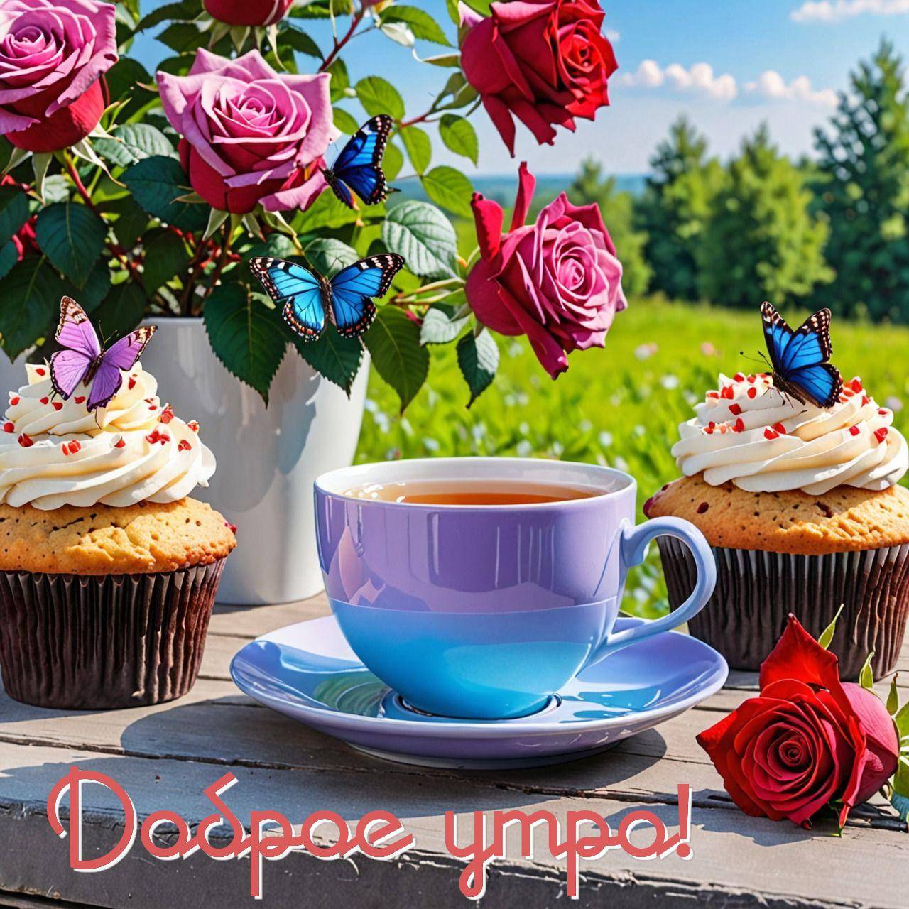 Утро, чашка кофе с кексами и розами
