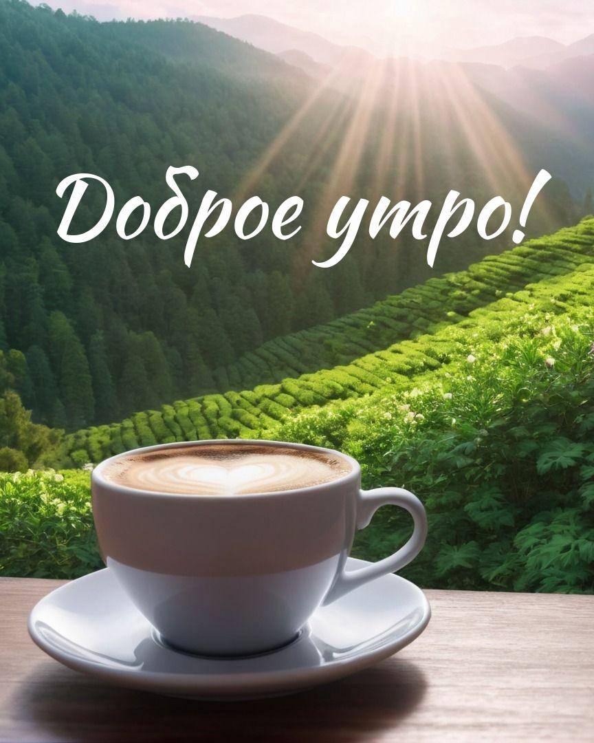 Утро, чашка кофе с сердцем на пенке на блюдце
