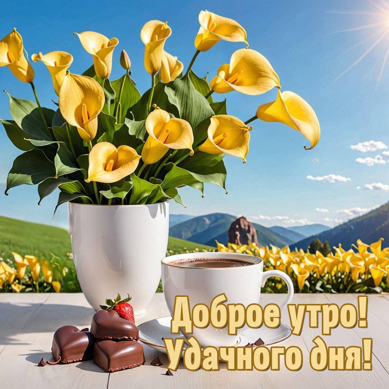 Утро, чашка кофе, сердечные конфеты и клубника