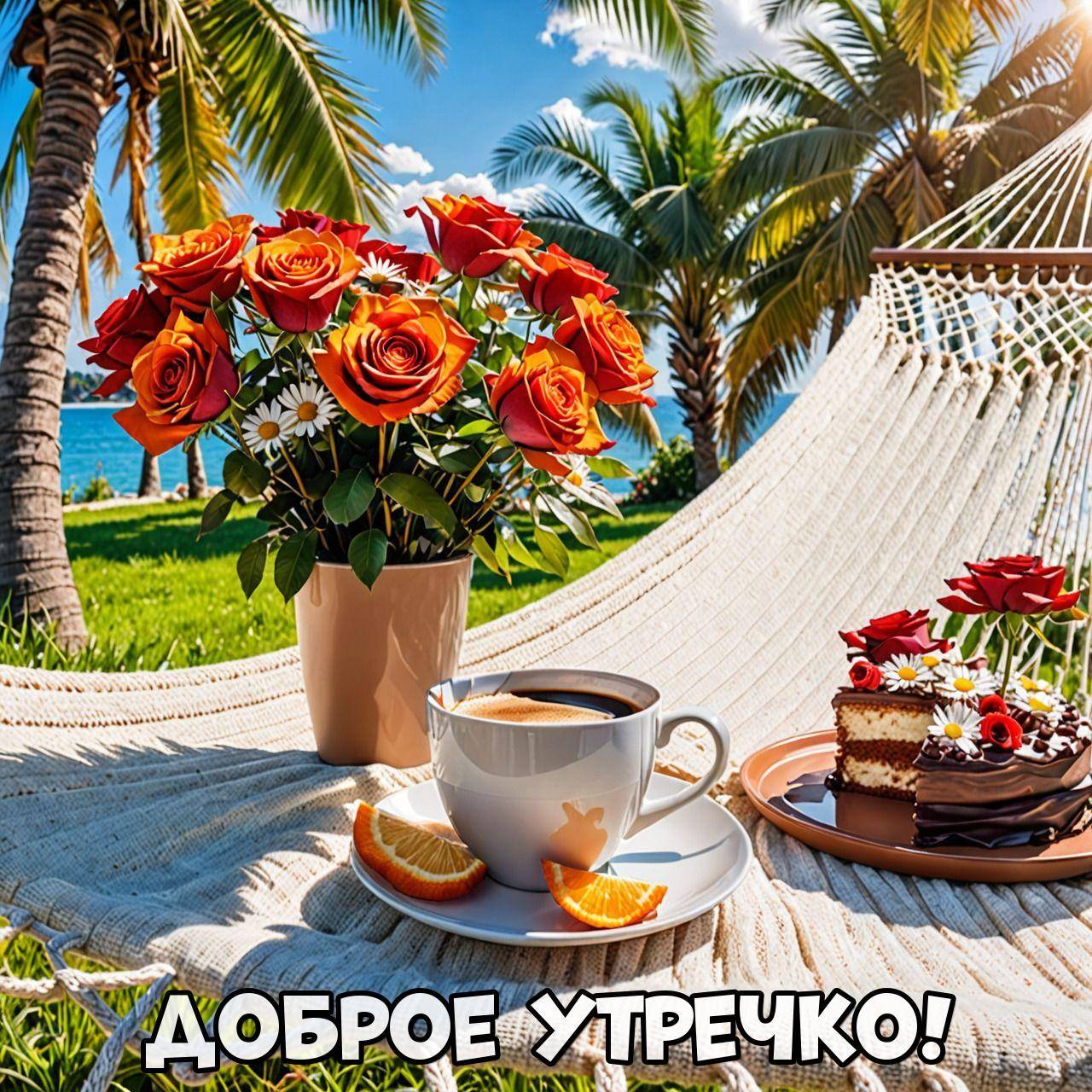 Утро, чашка кофе, торт и цветы на летнем фоне