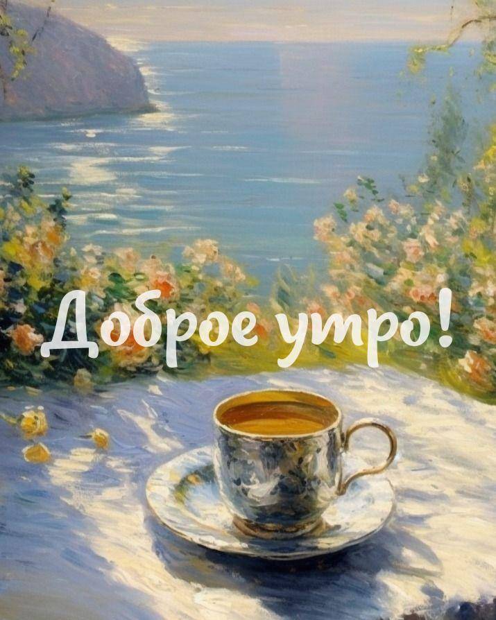 Утро, чашка на блюдце на фоне моря и цветущих кустов