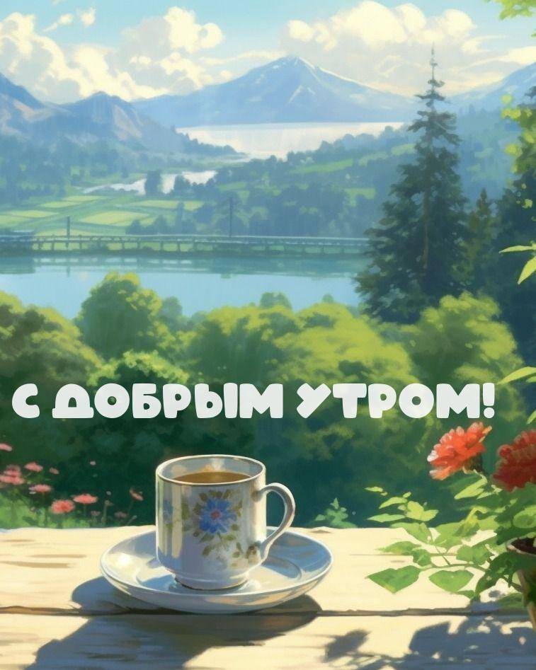 Утро, чашка на блюдце с цветами у реки на фоне гор