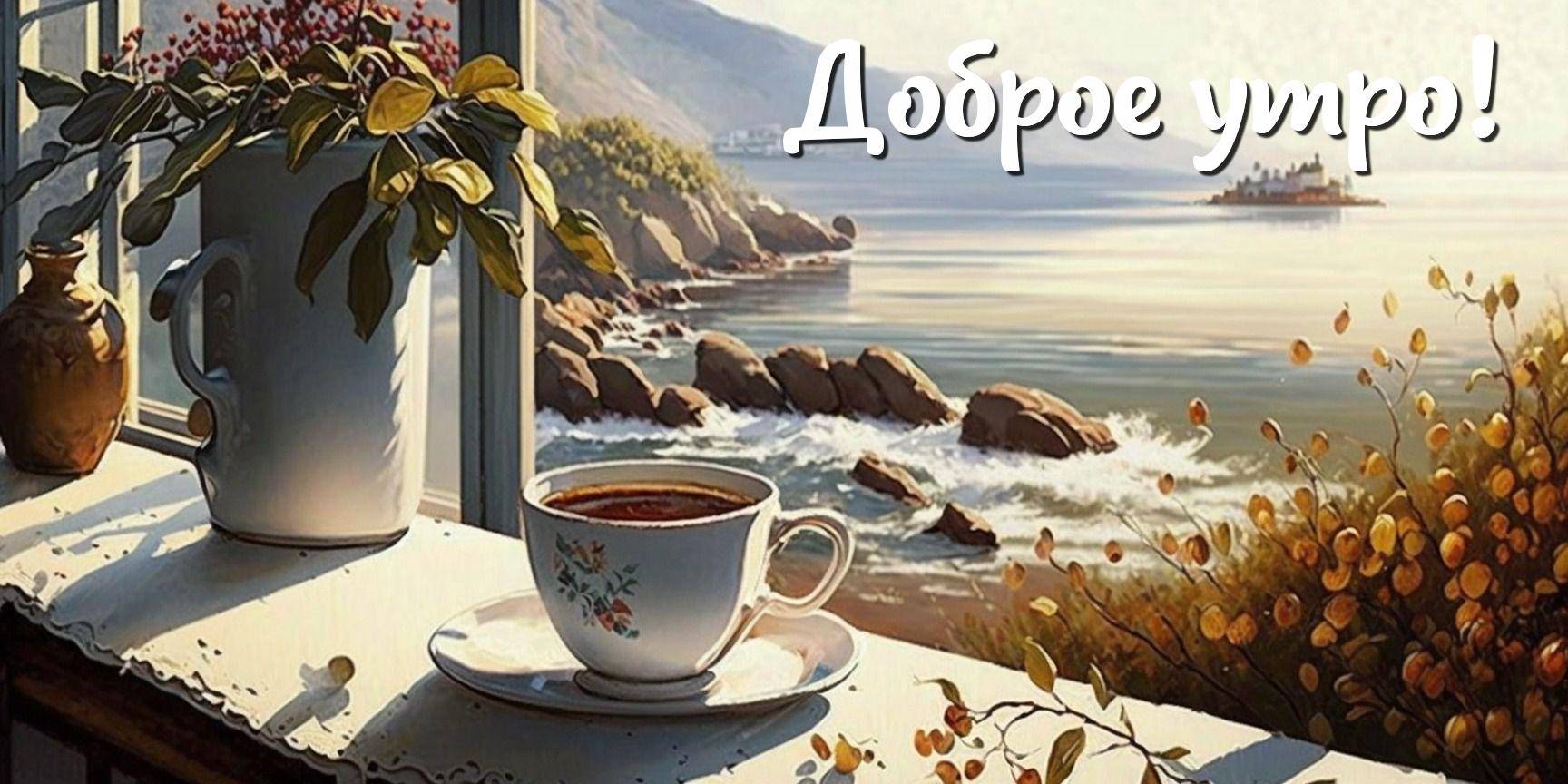 Утро, чашка на подоконнике у окна с видом на море