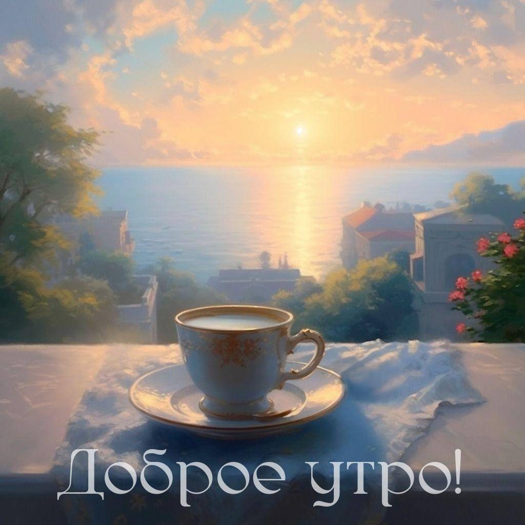 Утро, чашка на столе с закатом на фоне