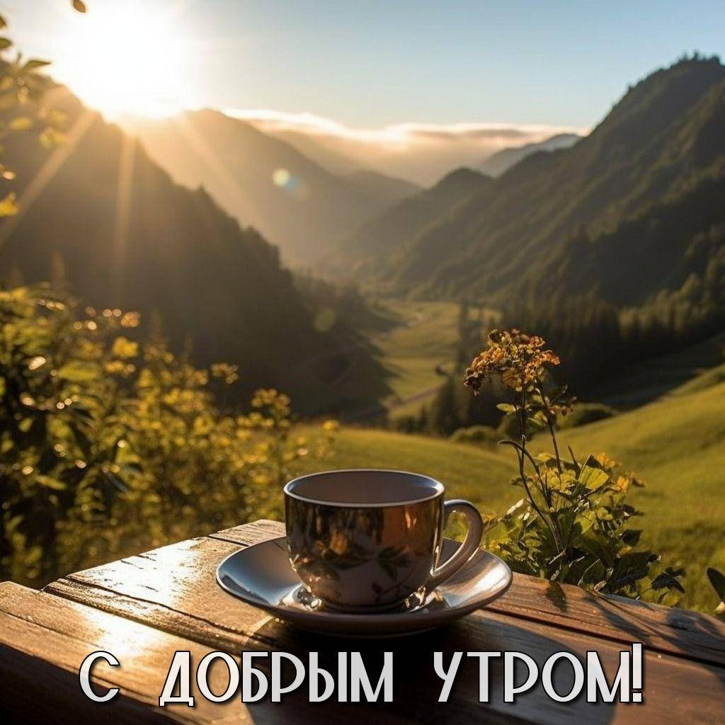 Утро, чашка с блюдцем на столе, цветы, горы, долина