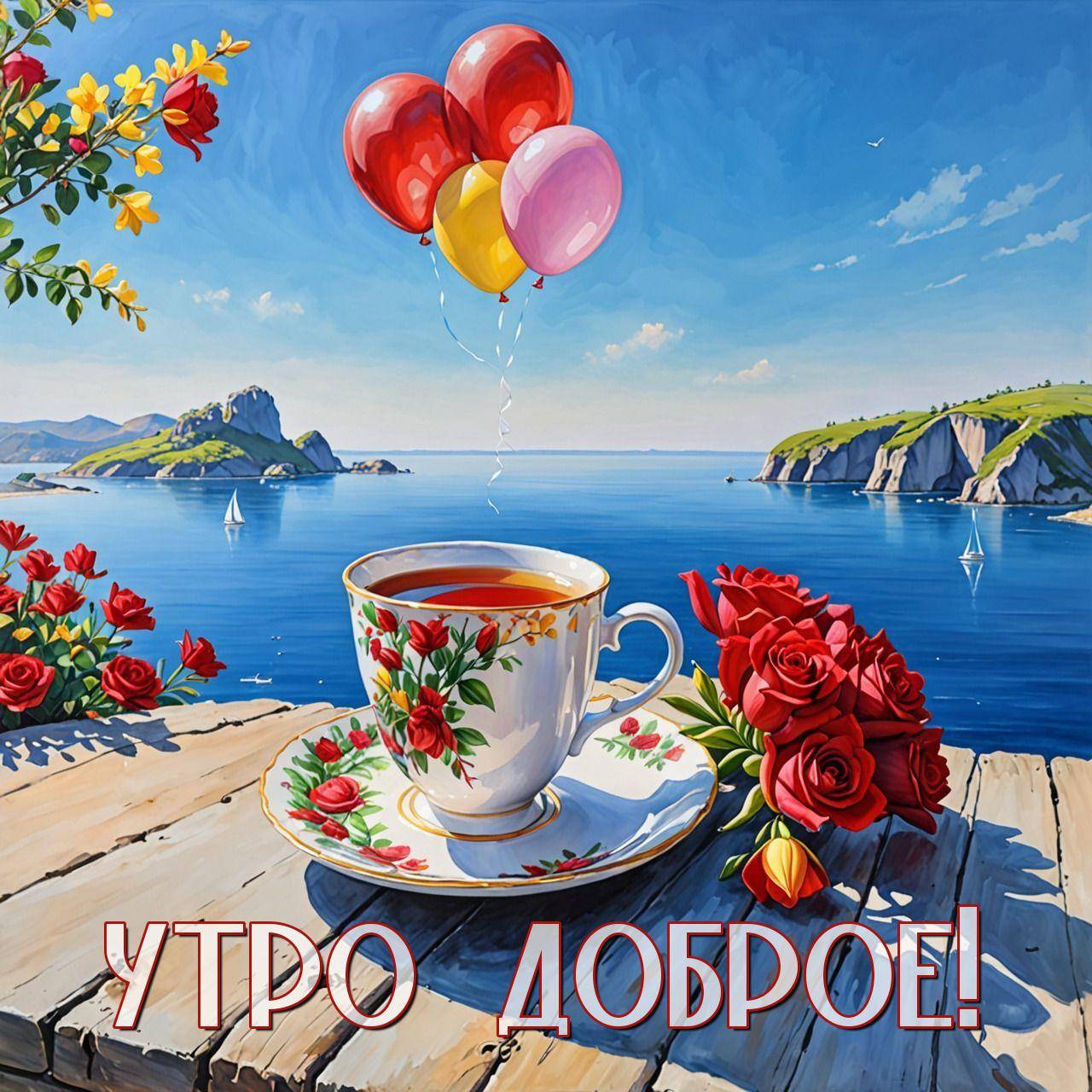 Утро, чашка с чаем, букет роз, пейзаж у моря