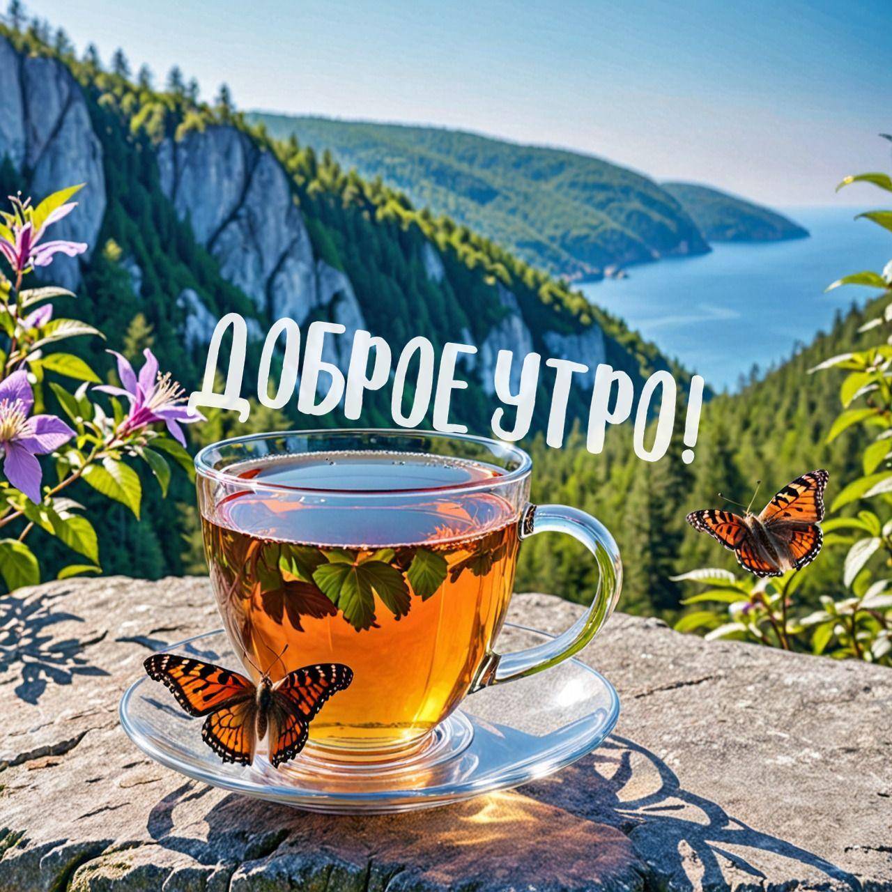Утро, чашка с чаем и бабочки на фоне природы
