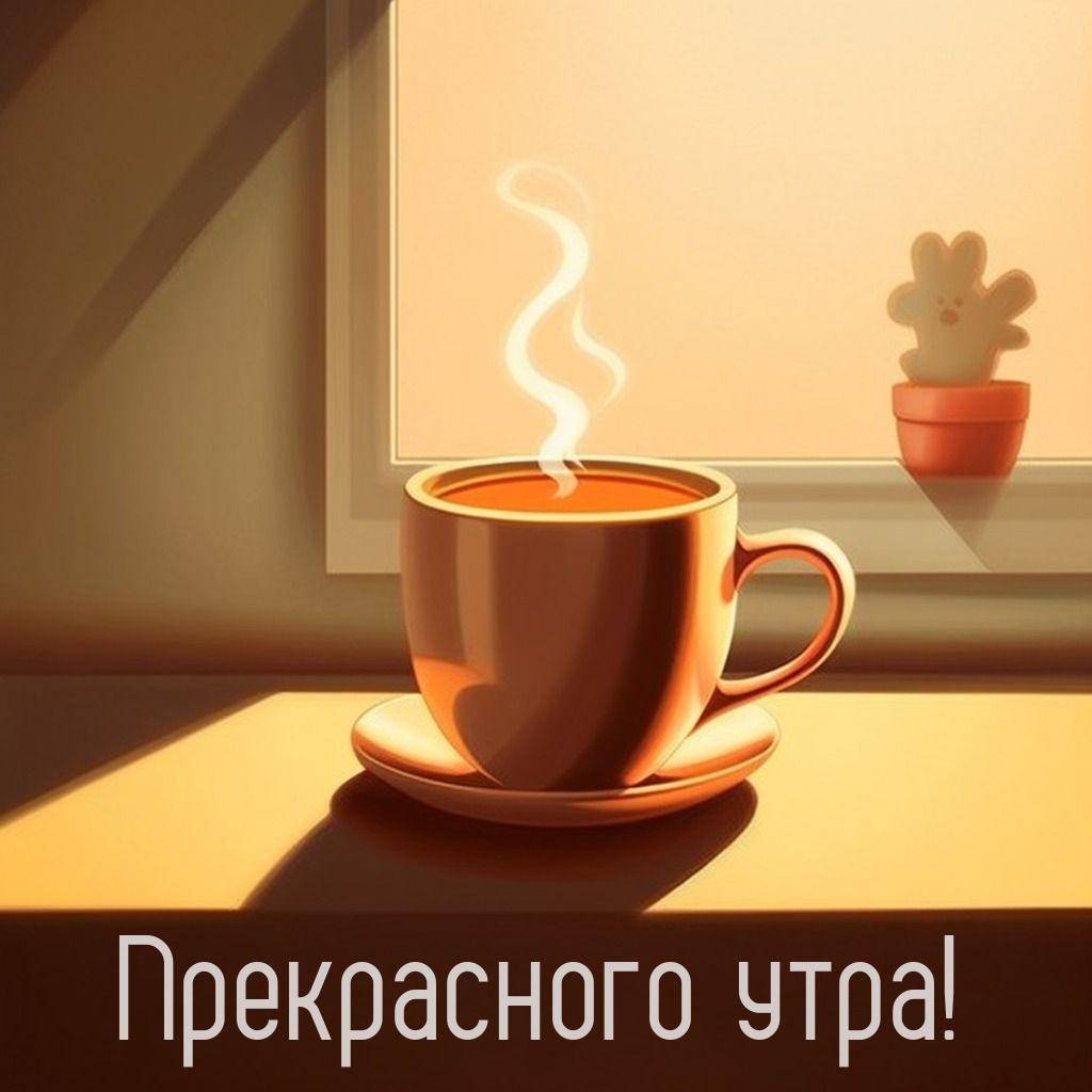 Утро, чашка с горячим напитком и кактусом на подоконнике