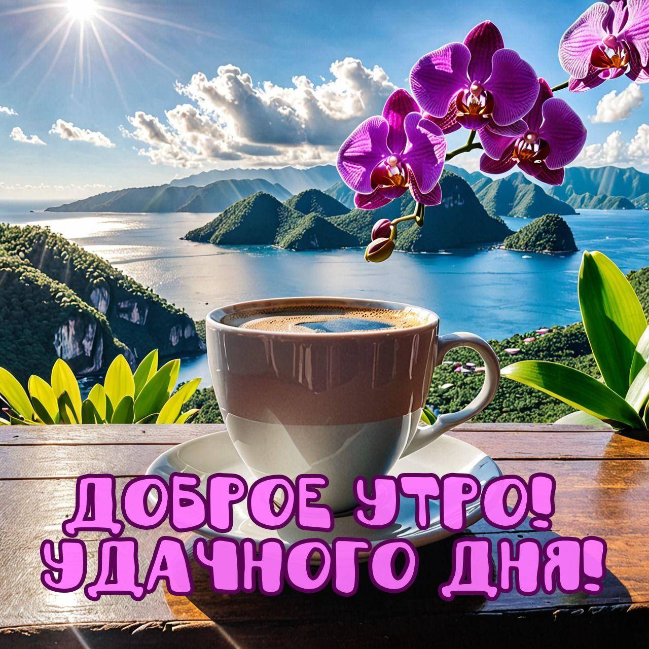Утро, чашка с кофе на деревянном столе, фиолетовые орхидеи на фоне живописного пейзажа