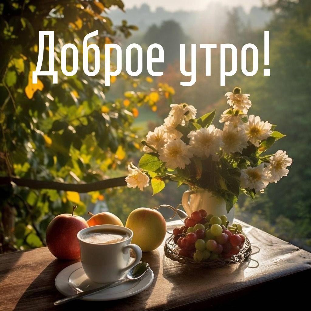 Утро, чашка с кофе, ваза с цветами и фрукты на столе