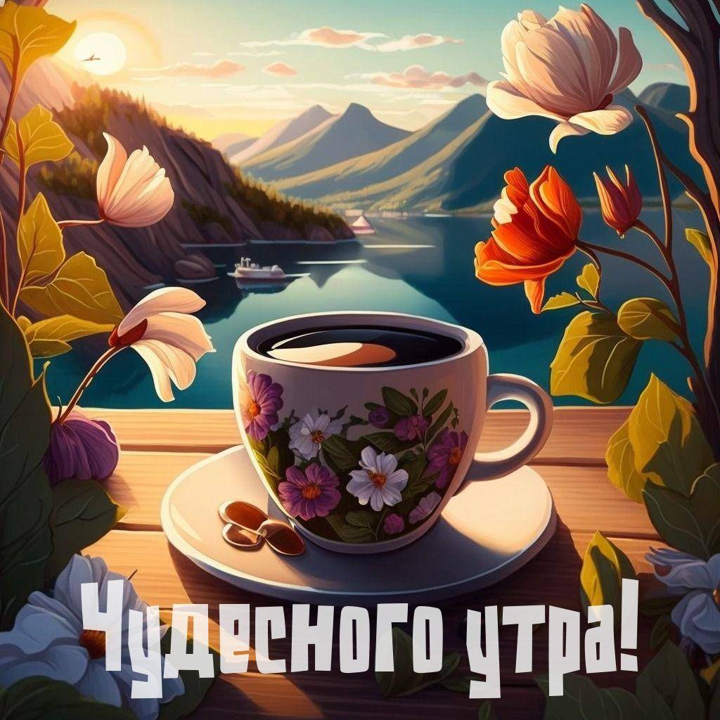 Утро, чашка с напитком и цветы на фоне пейзажа